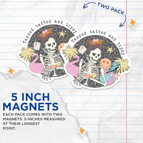 (2 Pack) Tanned Tatted and Tipsy Magnets - Funny Skeleton - Summer Vibes - Beach Decor - Fun Kitchen Magnets - 5" On Longest Side - for Cars, Fridges, Toolboxes - Made in USA - MAG7219