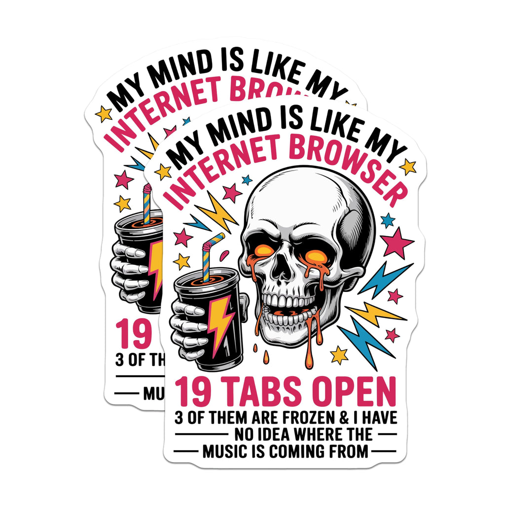 (2 Pack) Internet Browser Magnets - My Mind is 19 Tabs Open Skull Art - Relatable Tech Humor Refrigerator Magnet - 5 Inches On Longest Side - Thick Durable Magnet - Made in USA - MAG23069