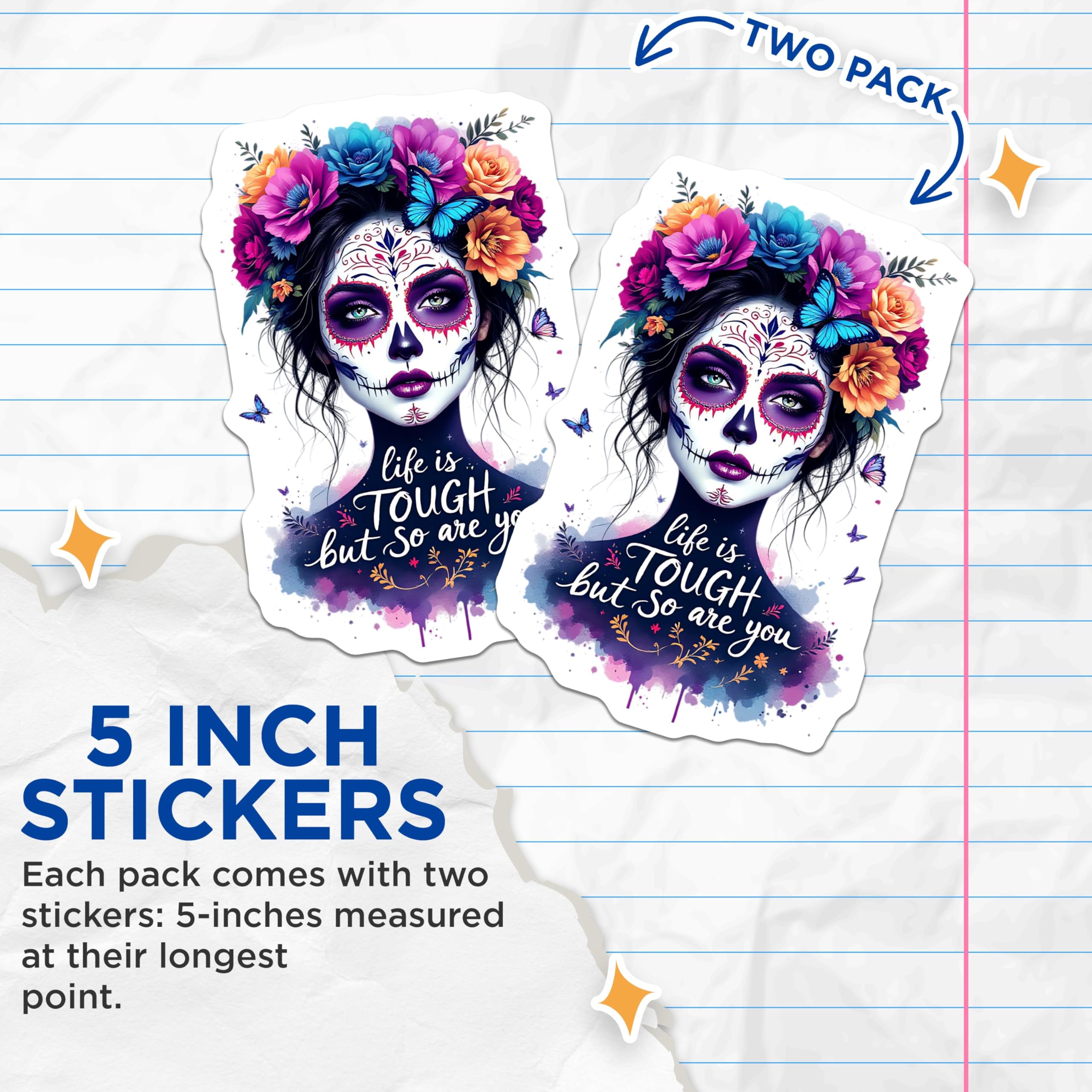 (2 Pack) Day of The Dead Stickers - Inspirational Quotes Stickers - Sugar Skull Art Stickers - 5" On Longest Side - Sticks to Smooth Flat Surfaces - Made in USA - BMCS4637
