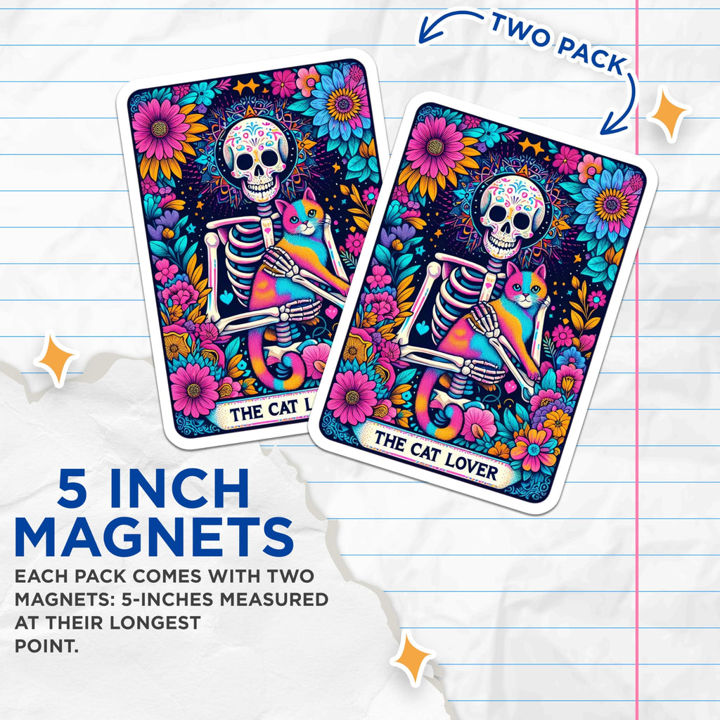 (2 Pack) Cat Lover Sugar Skull Magnets - Dia de Los Muertos Decor - Vibrant Pet Art for Fridge - 5 Inches On Longest Side - Thick Durable Magnet - Made in USA - MAG28394