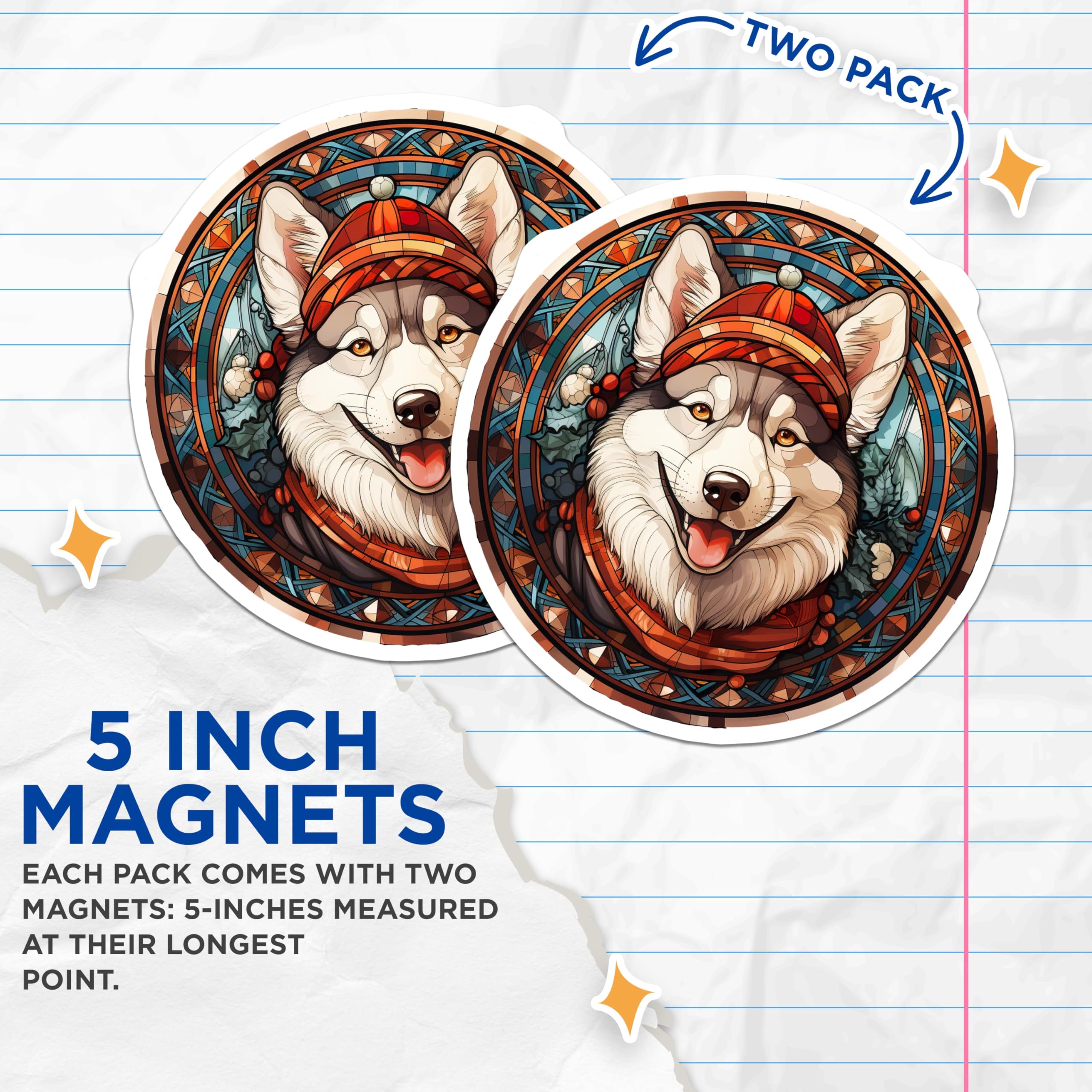 (2 Pack) Husky Stained Glass Magnets - Christmas Dog - Winter Holiday Decor - 5 Inches On Longest Side - Thick Durable Magnet - Made in USA - MAG25977