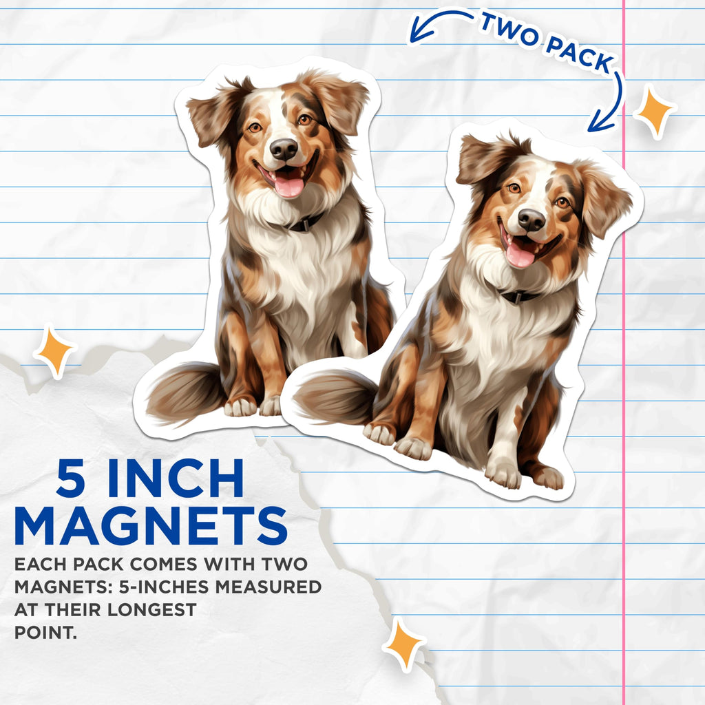 (2 Pack) Australian Shepherd Magnets - Red Merle Aussie Dog Art - Happy Pet Lover Kitchen Decor for Dog Moms - 5 Inches On Longest Side - Thick Durable Magnet - Made in USA - MAG27532