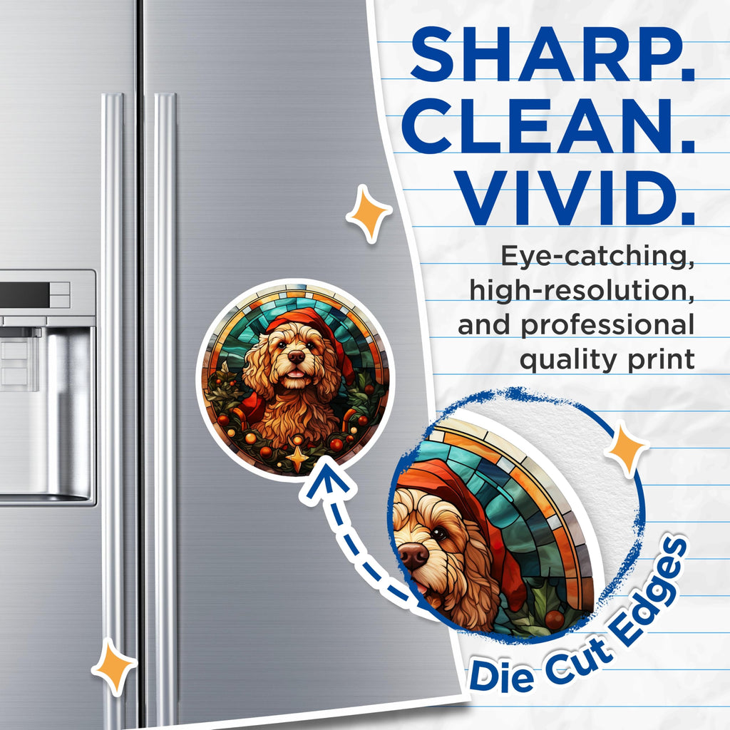 (2 Pack) Christmas Dog Magnets for Fridge - Stained Glass Doodle Art - Festive Pet Home Decoration - 5 Inches On Longest Side - Thick Durable Magnet - Made in USA - MAG26906