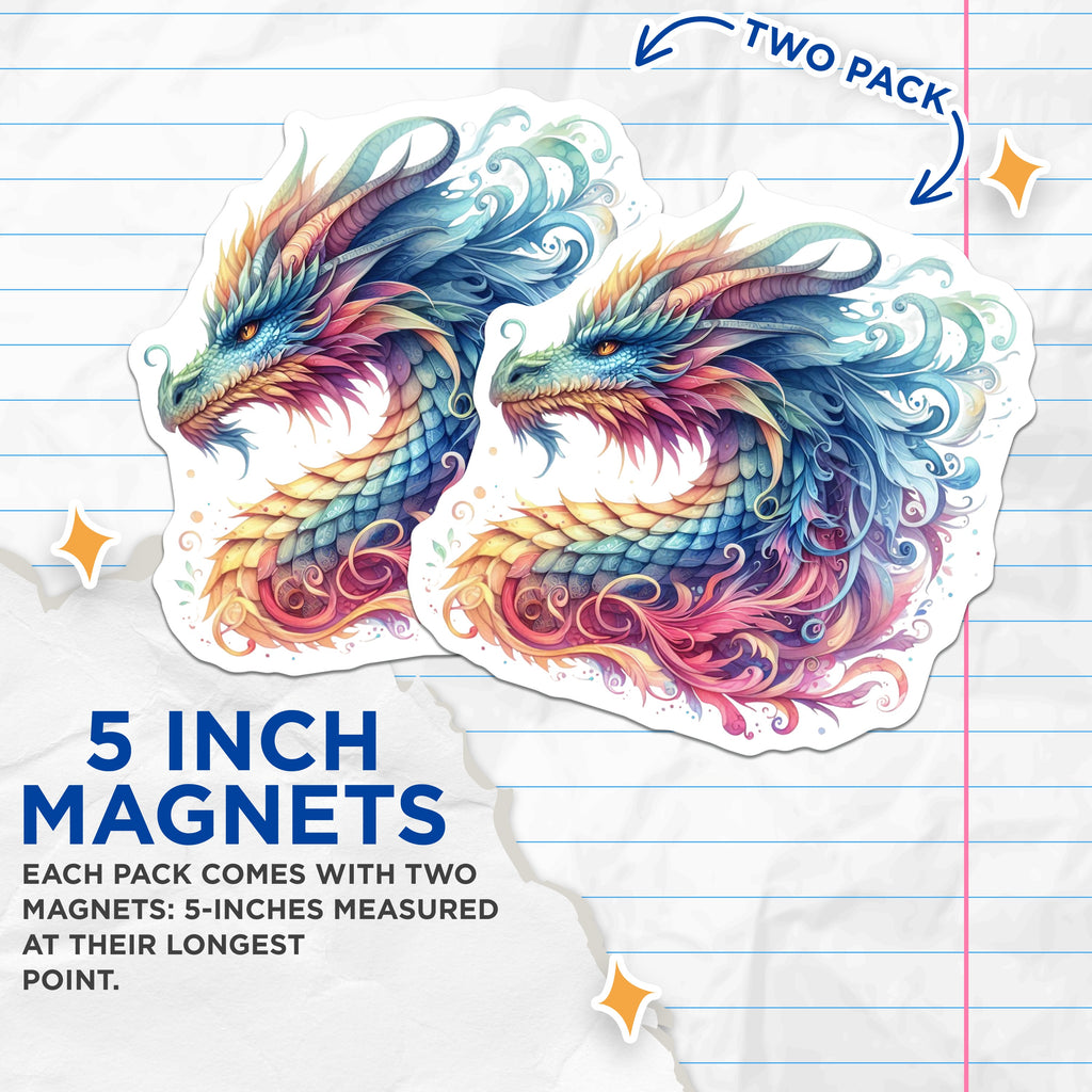 (2 Pack) Rainbow Dragon Magnets - Watercolor Fantasy Creature - Vibrant Mythical Beast Decor - 5 Inches On Longest Side - Thick Durable Magnet - Made in USA - MAG36047