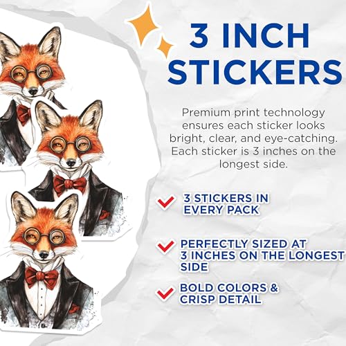 (3 Pack) Fox with Glasses Decals - Fancy Fox Decal - Animal Decals - 3 Inches On Longest Side - Easy Peel & Apply - Made in USA - 3MCS8258