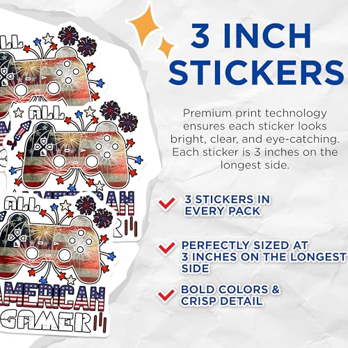 (3 Pack) American Gamer Decals - Patriotic Gamer - USA Gaming Decal - 3 Inches On Longest Side - Easy Peel & Apply - Made in USA - 3MCS1875