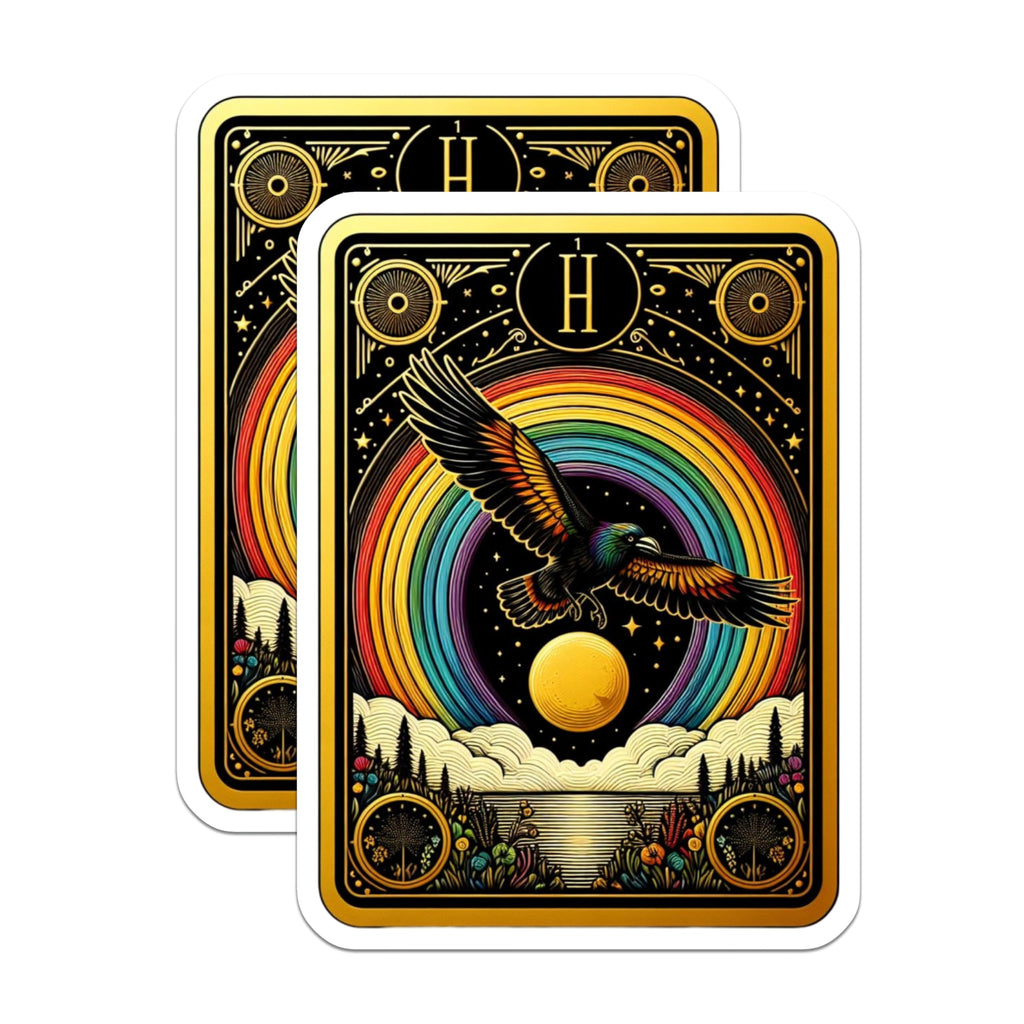 (2 Pack) Vibrant Rainbow Bird Magnets - Mystical Flying Raven Decor - Ornate Golden Tarot Style Celestial Fridge Artwork - 5 Inches On Longest Side - Thick Durable Magnet - Made in USA - MAG22097