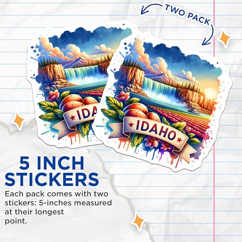 (2 Pack) Idaho State Stickers - Scenic Nature - Colorful Landscape - 5" On Longest Side - Sticks to Smooth Flat Surfaces - Made in USA - BMCS6918
