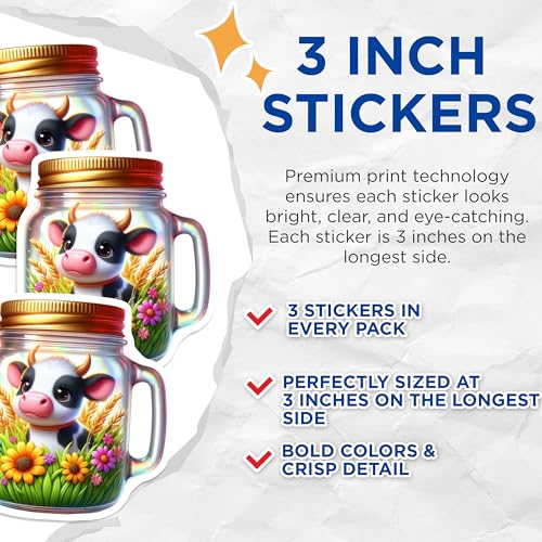 (3 Pack) Cow in Jar Decals - Cute Animal Stickers - Laptop Decal - 3 Inches On Longest Side - Easy Peel & Apply - Made in USA - 3MCS8149