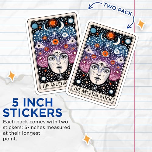 (2 Pack) Ancestral Witch Stickers - Fantasy Art Stickers - Mystical Face Stickers - 5" On Longest Side - Sticks to Smooth Flat Surfaces - Made in USA - BMCS5343