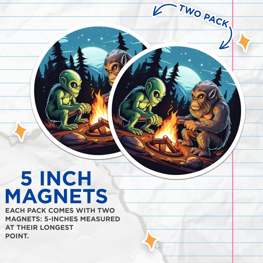 (2 Pack) Alien Bigfoot Campfire Magnets - Cryptid Forest Night Scene - Extraterrestrial Sasquatch Art Kitchen Decor - 5 Inches On Longest Side - Thick Durable Magnet - Made in USA - MAG22117