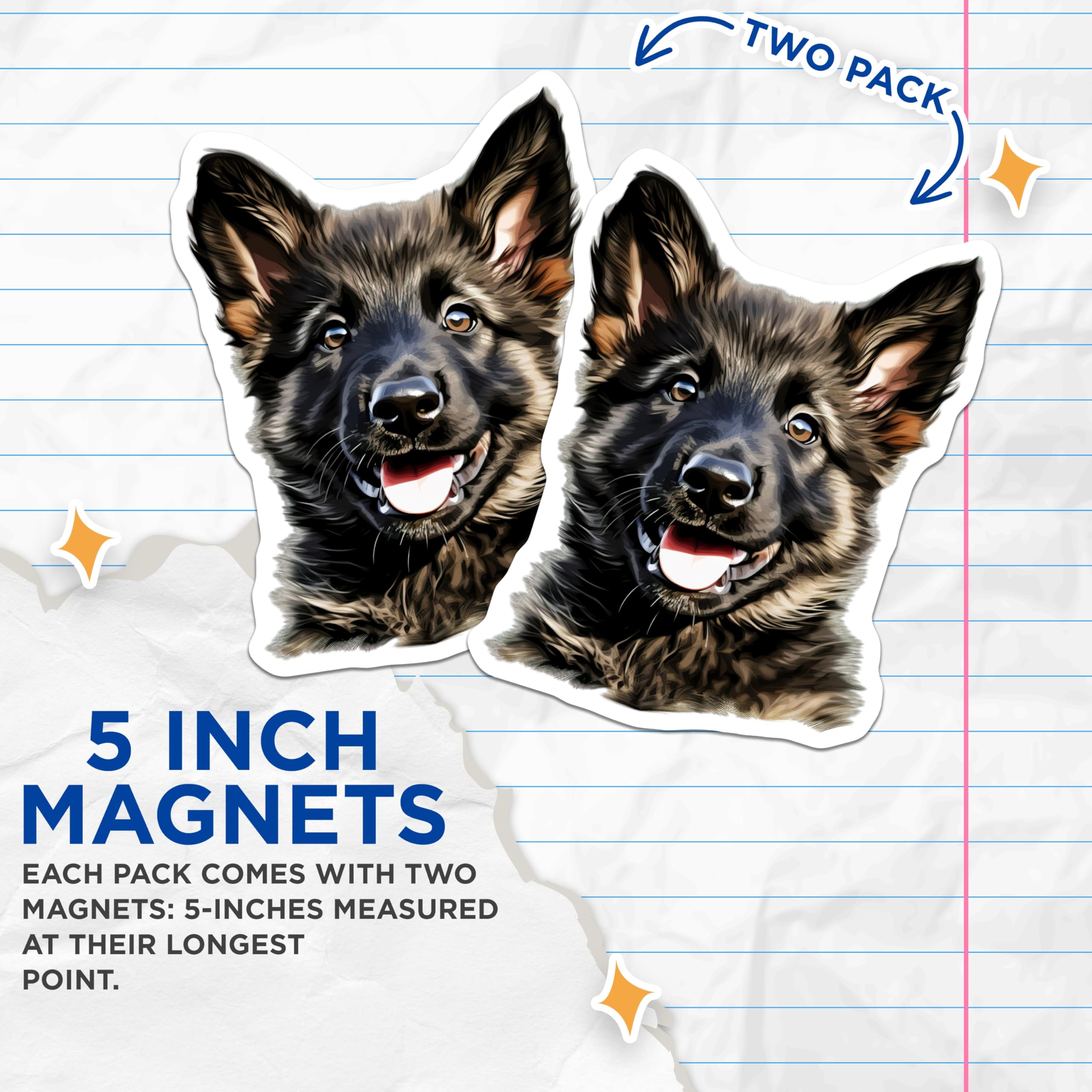 (2 Pack) German Shepherd Puppy Magnets - Dog Lover Home Decor - GSD Refrigerator Accessory - 5 Inches On Longest Side - Thick Durable Magnet - Made in USA - MAG27926