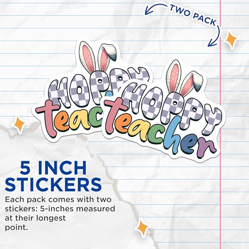 (2 Pack) Hoppy Teacher Stickers - Funny Teacher - Cute Bunny Ears - Teacher Appreciation - Classroom Decor - 5" On Longest Side - Sticks to Smooth Flat Surfaces - Made in USA - BMCS8151