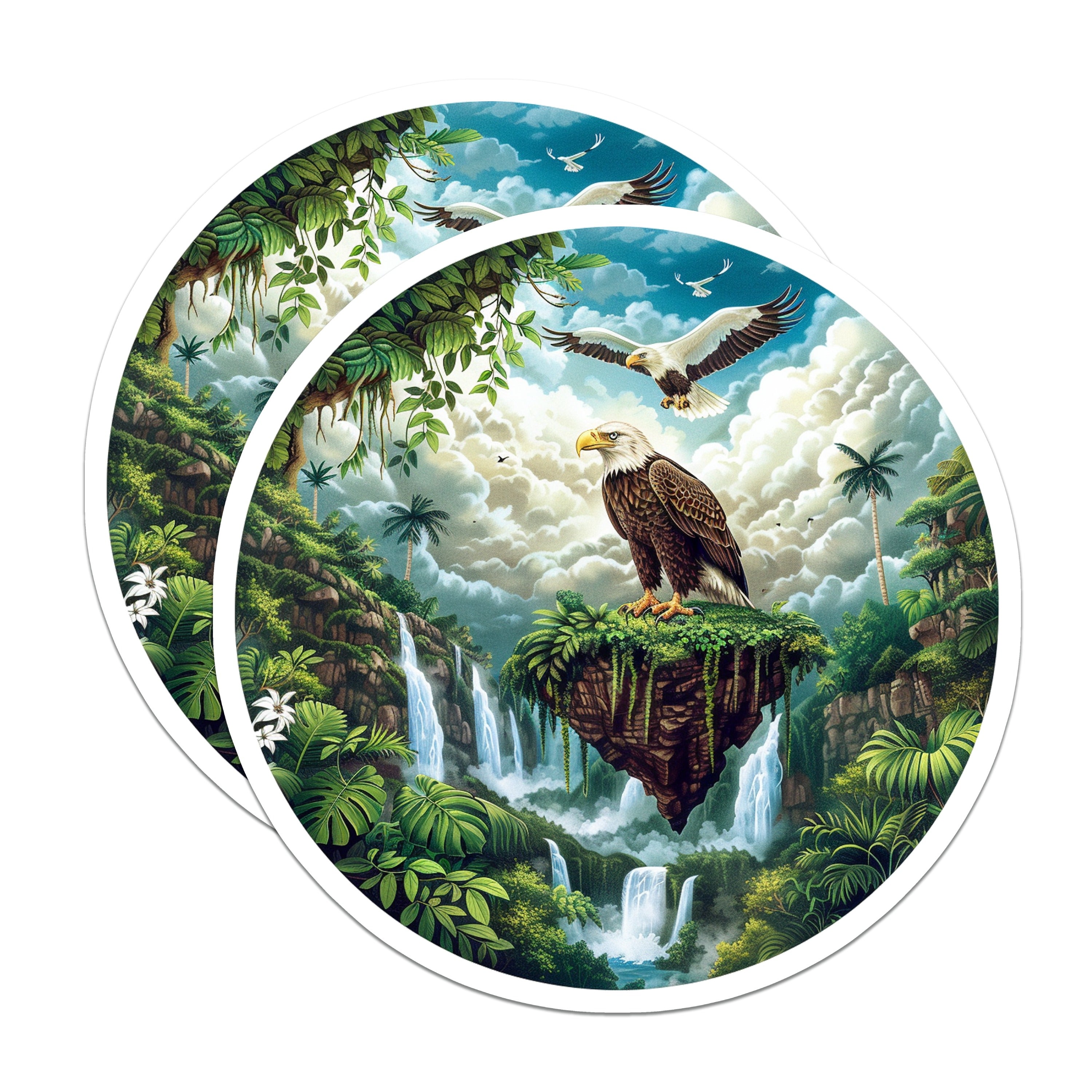 (2 Pack) Bald Eagle Magnets - Fantasy Wildlife Scene - Tropical Waterfall Art - American Symbol Decor - 5 Inches On Longest Side - Thick Durable Magnet - Made in USA - MAG36632