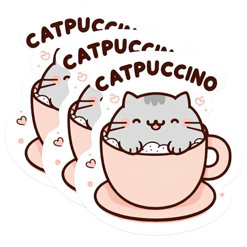 (3 Pack) Catpuccino Decals - Coffee Cat - Cat Lover Sticker - 3 Inches On Longest Side - Easy Peel & Apply - Made in USA - 3MCS1115