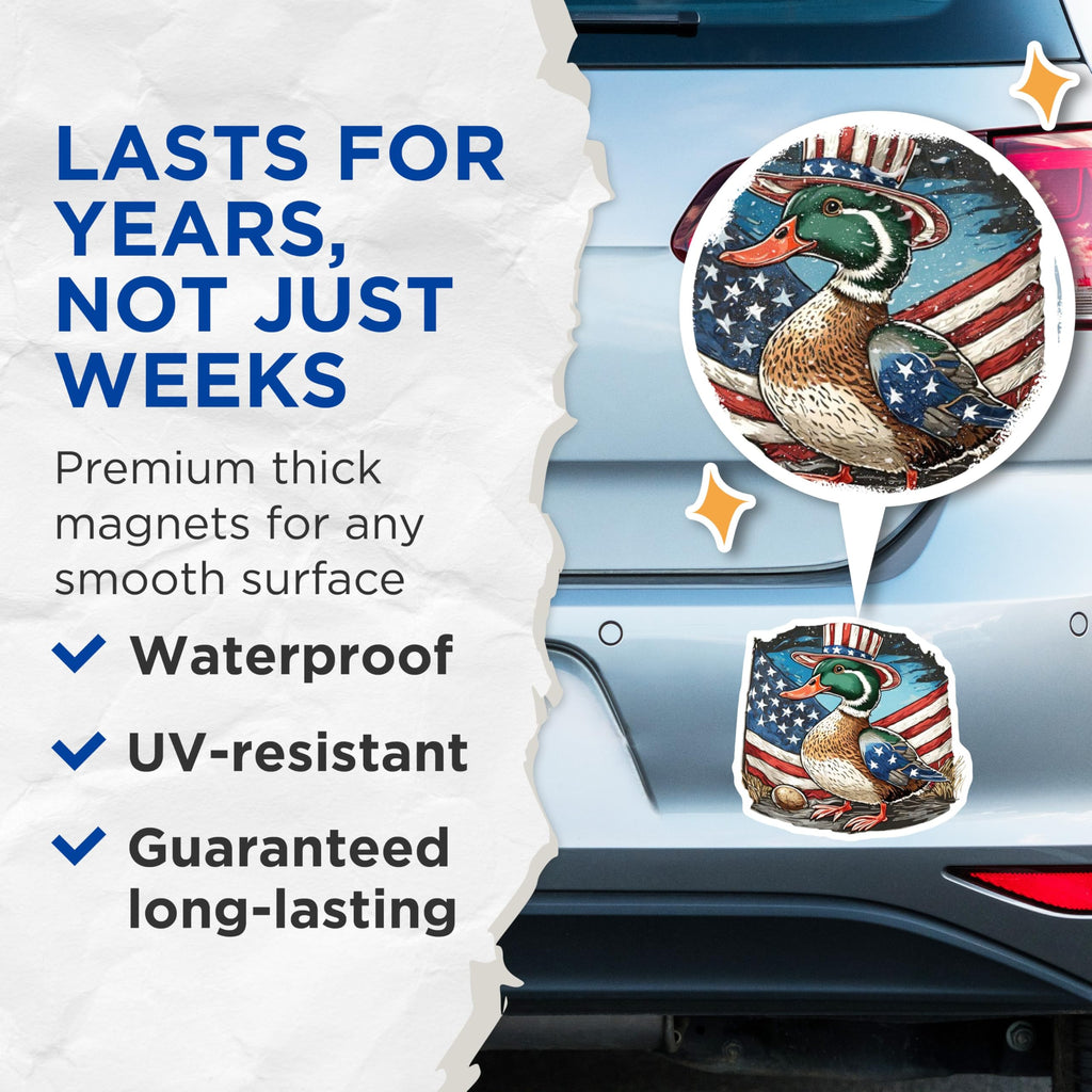 (2 Pack) Patriotic Duck Magnets - Uncle Sam Hat American Flag Design - Independence Day Refrigerator Decor - USA Themed - 5 Inches On Longest Side - Thick Durable Magnet - Made in USA - MAG21623