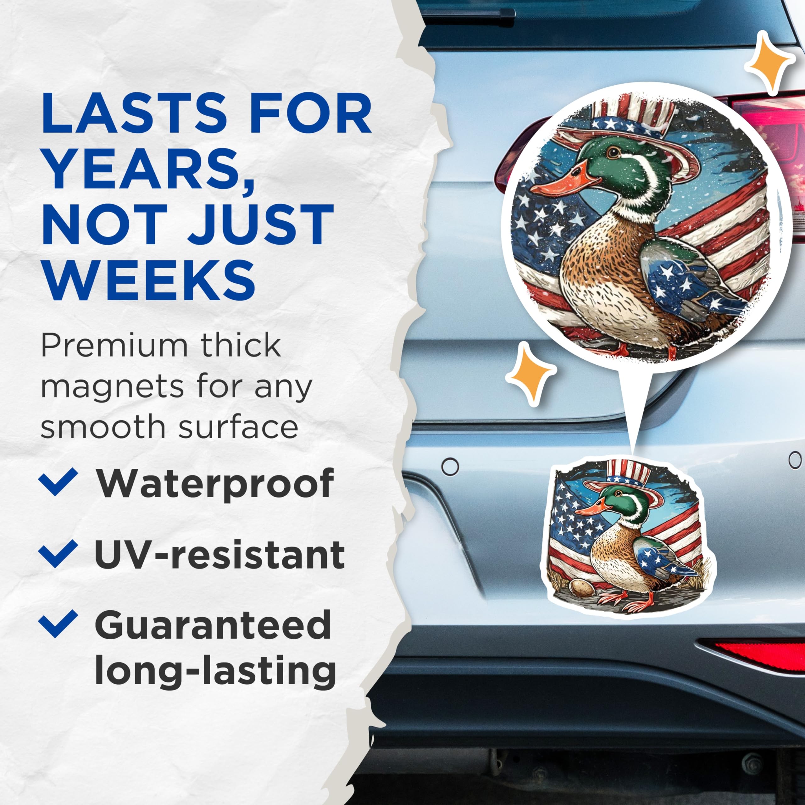 (2 Pack) Patriotic Duck Magnets - Uncle Sam Hat American Flag Design - Independence Day Refrigerator Decor - USA Themed - 5 Inches On Longest Side - Thick Durable Magnet - Made in USA - MAG21623
