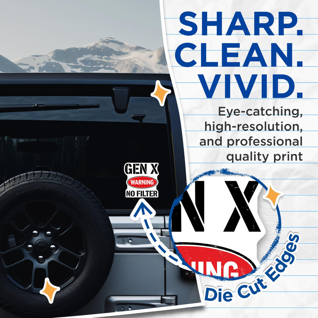 (2 Pack) Gen X Warning No Filter Stickers - Bold Funny - 5" On Longest Side - Sticks to Smooth Flat Surfaces - Made in USA - BMCS5602