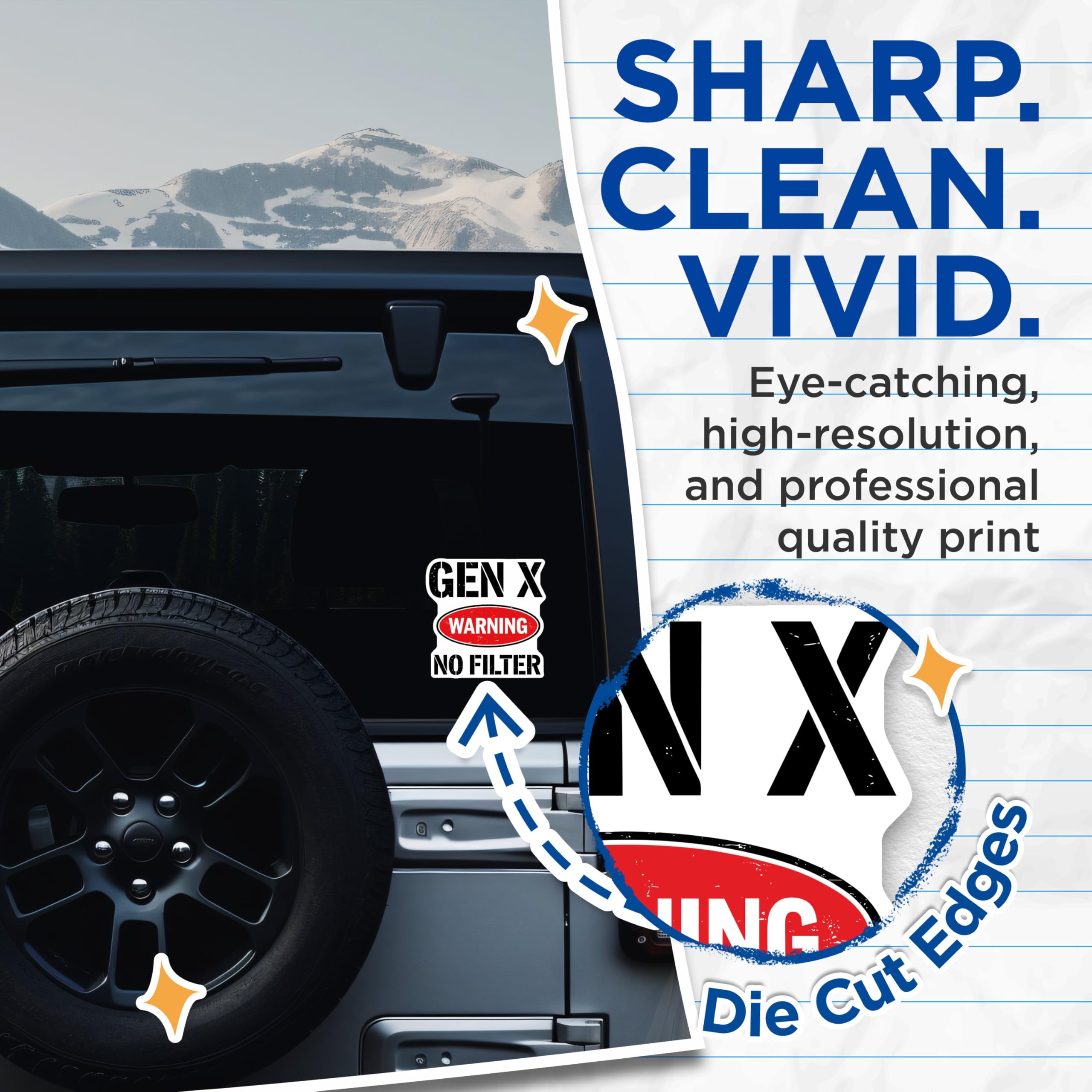 (2 Pack) Gen X Warning No Filter Stickers - Bold Funny - 5" On Longest Side - Sticks to Smooth Flat Surfaces - Made in USA - BMCS5602