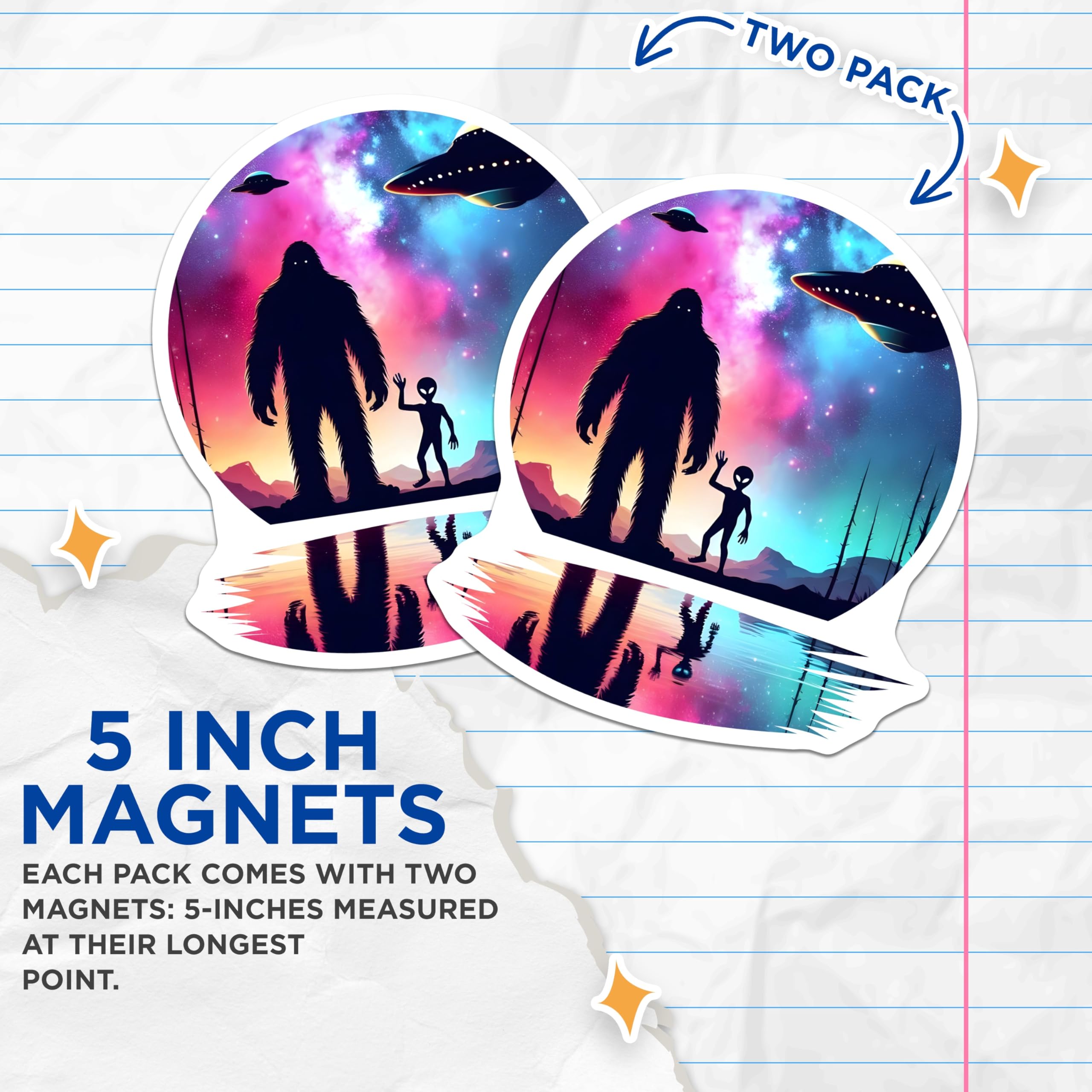 (2 Pack) Bigfoot Alien UFO Magnets - Cosmic Cryptid Encounter - Galactic Sci Fi Art Decor - 5 Inches On Longest Side - Thick Durable Magnet - Made in USA - MAG21072