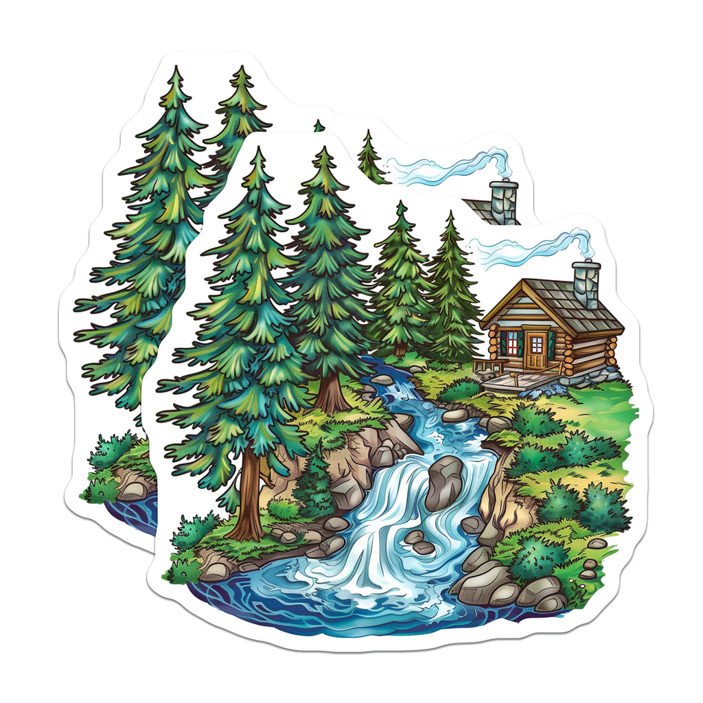 (2 Pack) Cabin in Woods Magnets - Rustic Waterfall Landscape - Cozy Forest Fridge Decoration - 5 Inches On Longest Side - Thick Durable Magnet - Made in USA - MAG39825