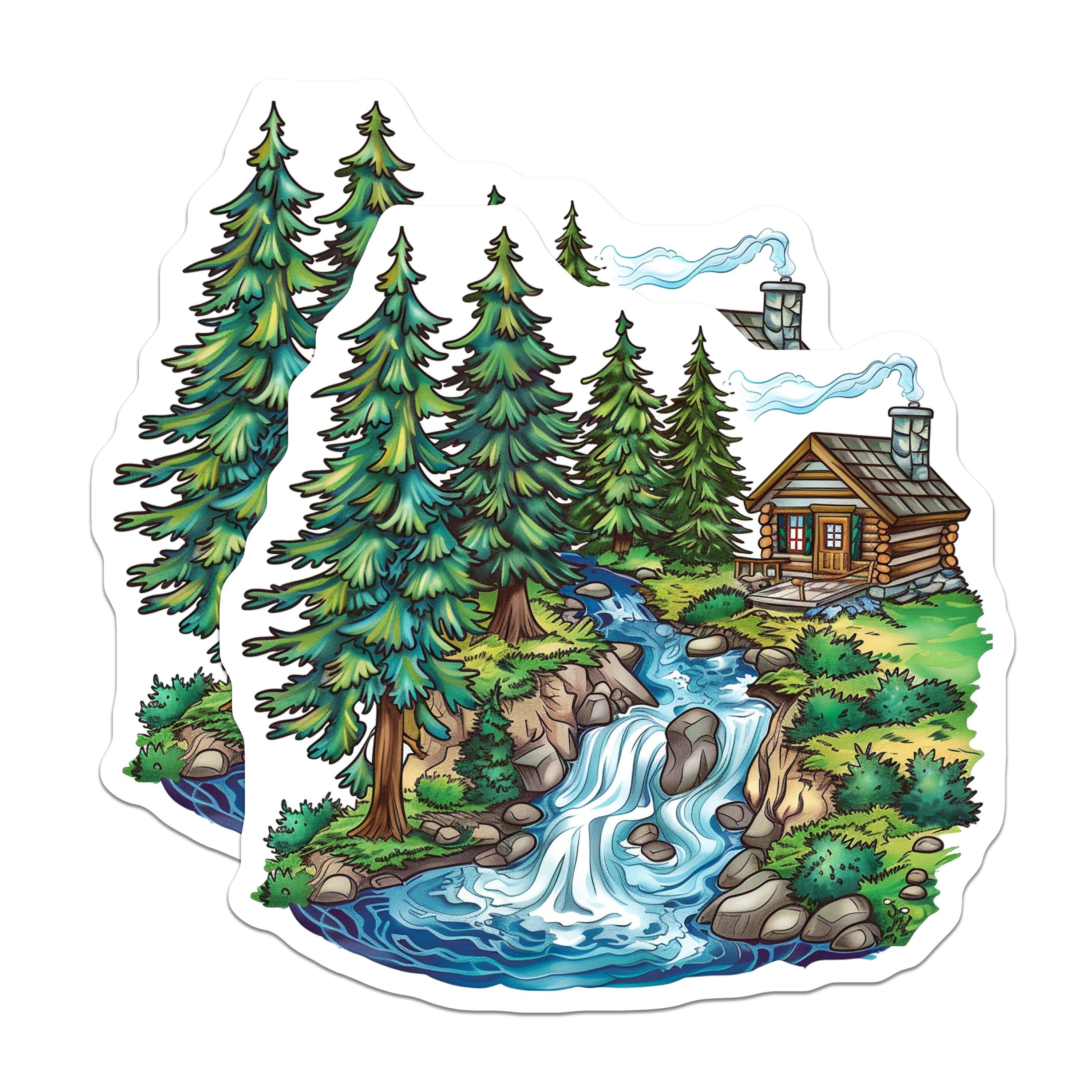 (2 Pack) Cabin in Woods Magnets - Rustic Waterfall Landscape - Cozy Forest Fridge Decoration - 5 Inches On Longest Side - Thick Durable Magnet - Made in USA - MAG39825