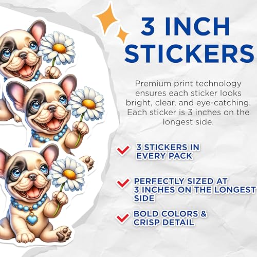 (3 Pack) French Bulldog Decals - Puppy with Flower - Laptop Decals - 3 Inches On Longest Side - Easy Peel & Apply - Made in USA - 3MCS8349