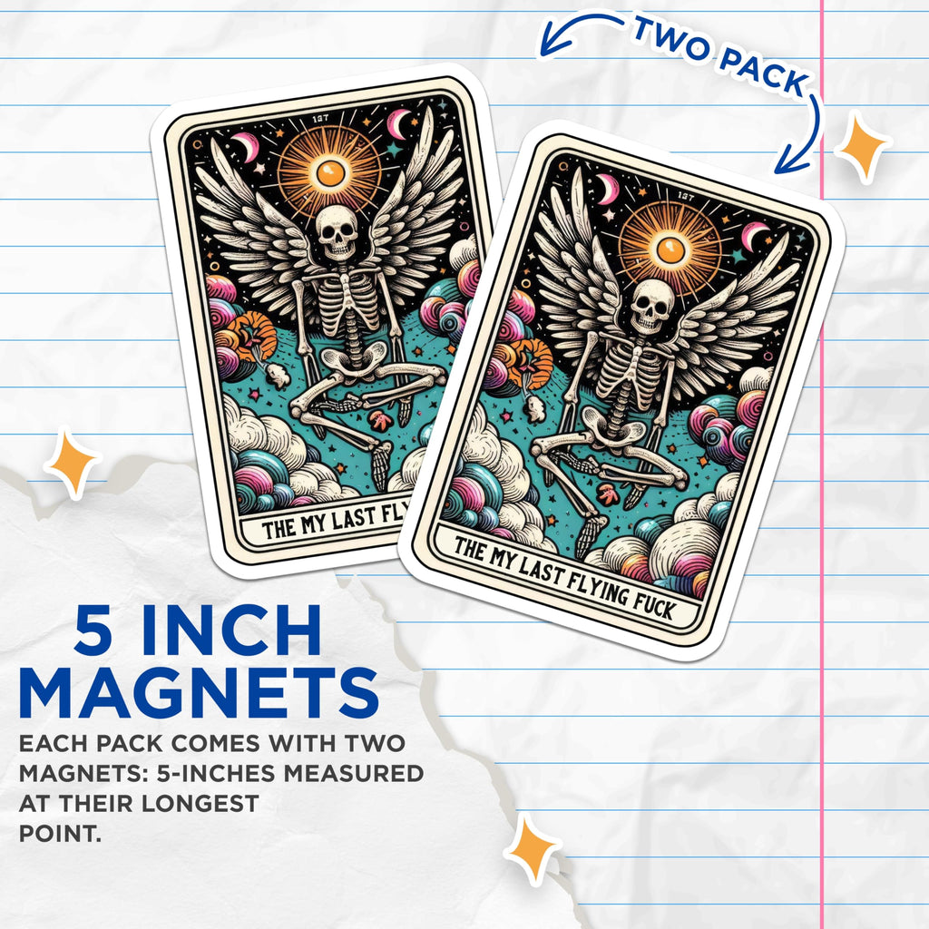 (2 Pack) My Last Flying Fuck Magnets - Sarcastic Skeleton Angel Tarot - Gothic Humor Fridge Decor - 5 Inches On Longest Side - Thick Durable Magnet - Made in USA - MAG27400