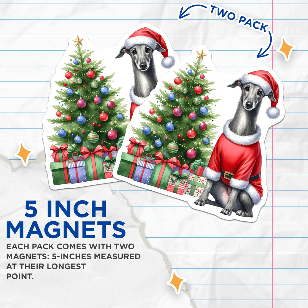 (2 Pack) Greyhound Christmas Magnets - Santa Dog Holiday Decor - Festive Pet Lover Magnet - Refrigerator Accent for Kitchen - 5 Inches On Longest Side - Thick Durable Magnet - Made in USA - MAG28300