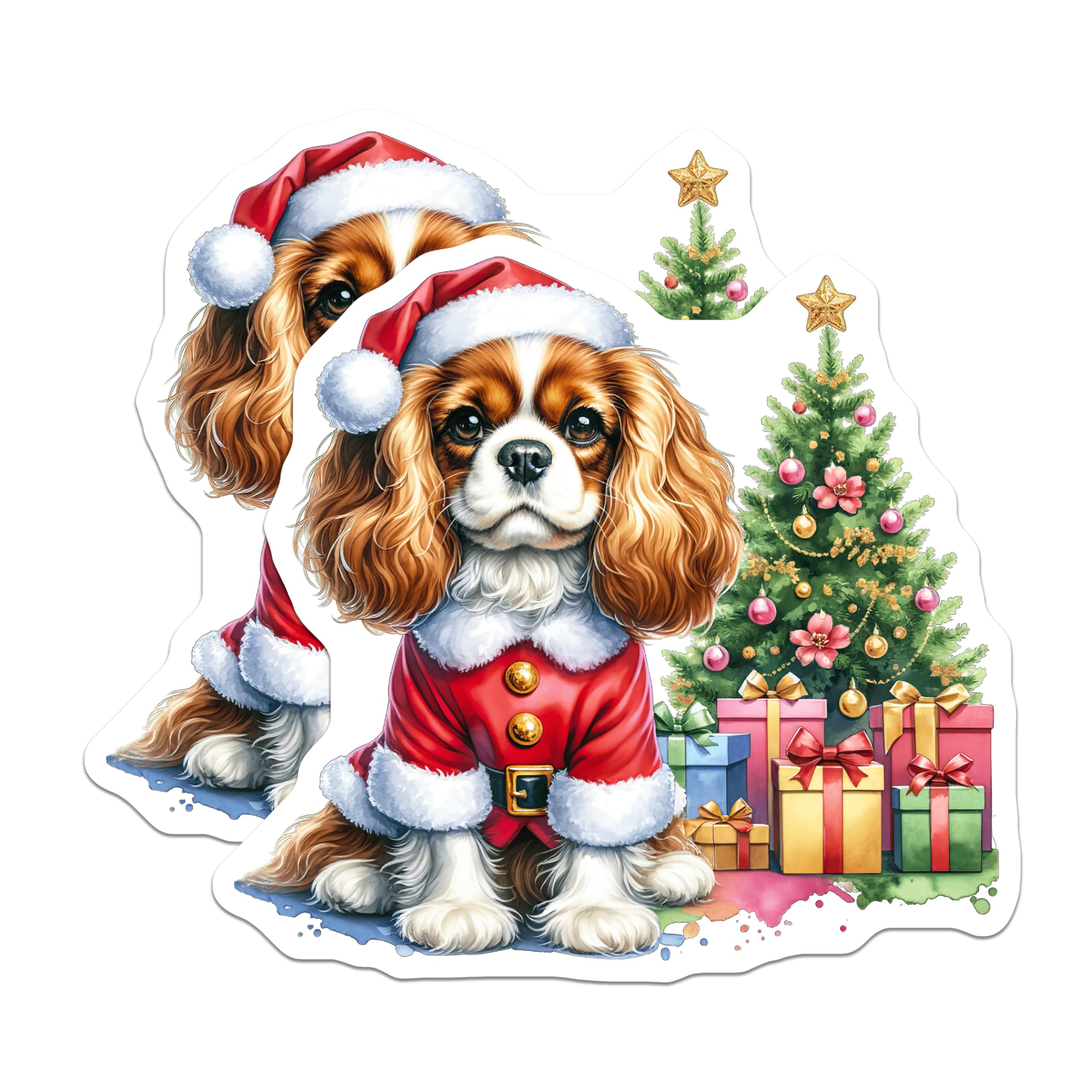 (2 Pack) Cavalier Christmas Magnets - Santa Dog Holiday Decor - Cute Animal Fridge Art - 5 Inches On Longest Side - Thick Durable Magnet - Made in USA - MAG29606