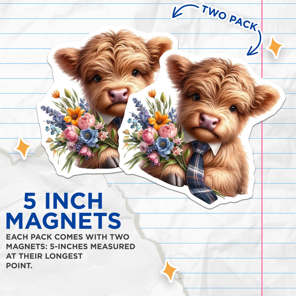 (2 Pack) Cute Highland Calf Magnets - Floral Bouquet Farm Animal - Whimsical Kitchen Refrigerator Decor - 5 Inches On Longest Side - Thick Durable Magnet - Made in USA - MAG38843