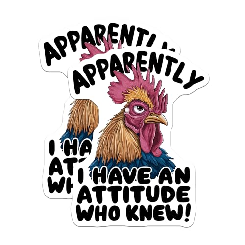 (2 Pack) Apparently I Have an Attitude Stickers - Funny Attitude Quote Stickers - Humorous Rooster Stickers - 5" On Longest Side - Sticks to Smooth Flat Surfaces - Made in USA - BMCS4547