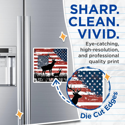 (2 Pack) American Flag Deer Magnets - Patriotic Wildlife Decor - Hunter Vehicle Magnets - Country Refrigerator Accents - 5 Inches On Longest Side - Thick Durable Magnet - Made in USA - MAG20002