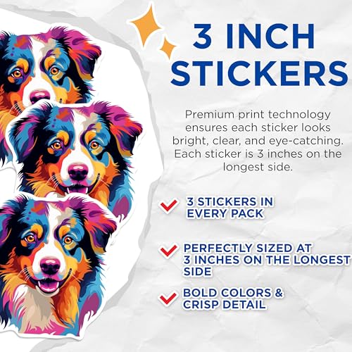 (3 Pack) Australian Shepherd Decals - Colorful Dog - Laptop Decals - 3 Inches On Longest Side - Easy Peel & Apply - Made in USA - 3MCS0635
