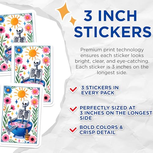 (3 Pack) Skeleton Bath Decals - Floral Skull Stickers - Laptop Decals - 3 Inches On Longest Side - Easy Peel & Apply - Made in USA - 3MCS8184