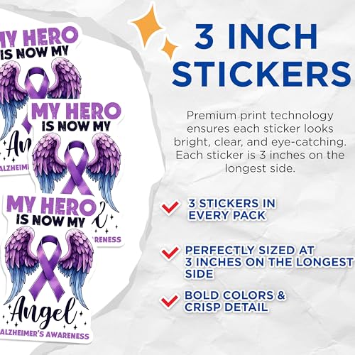 (3 Pack) Alzheimers Awareness Decals - My Hero Angel - Purple Ribbon Stickers - 3 Inches On Longest Side - Easy Peel & Apply - Made in USA - 3MCS8549