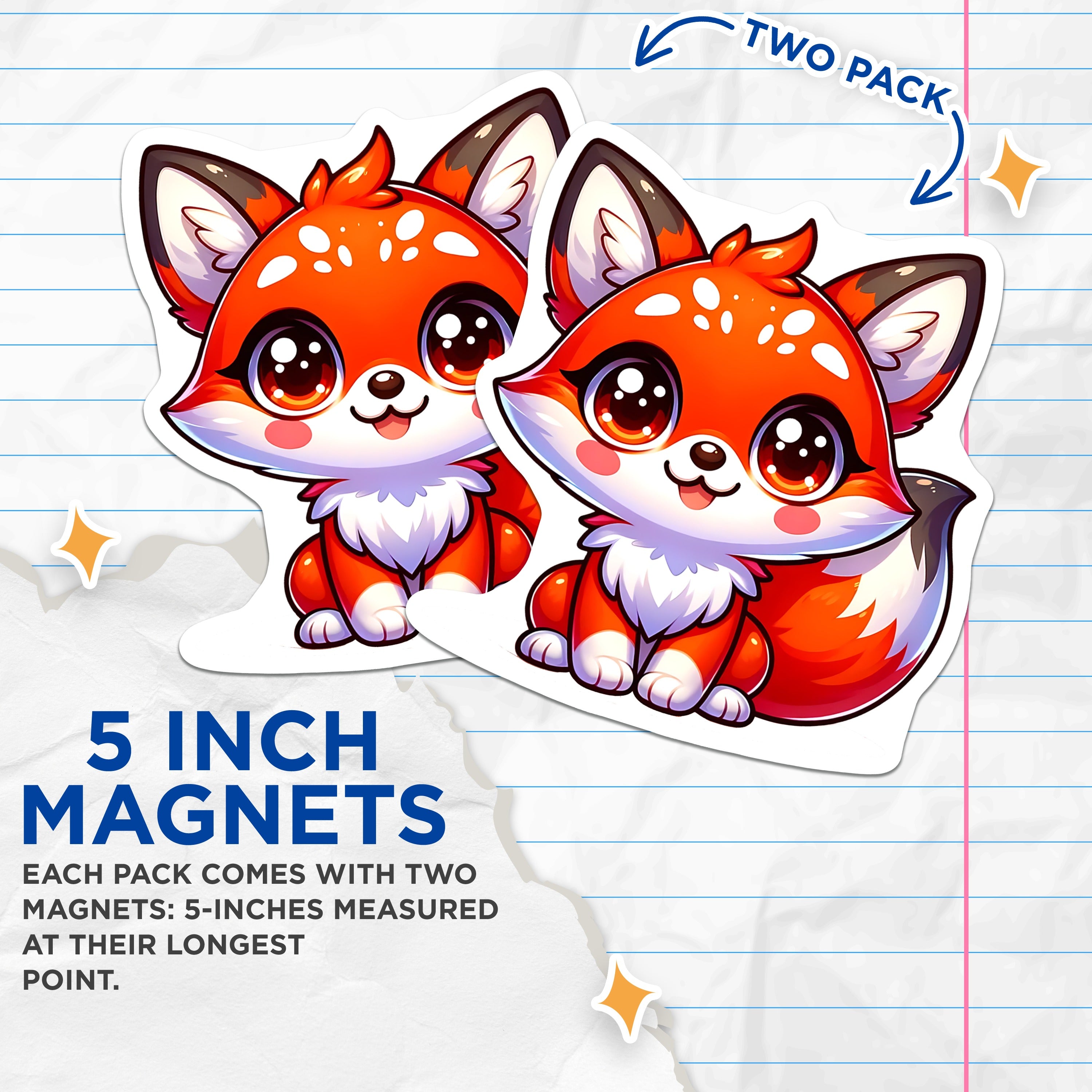 (2 Pack) Cute Chibi Fox Magnets - Adorable Animal Fridge Decor - Kawaii Woodland Creature - 5 Inches On Longest Side - Thick Durable Magnet - Made in USA - MAG39563