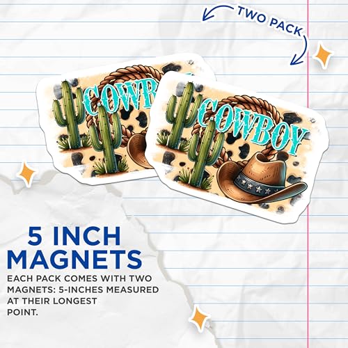 (2 Pack) Cowboy Western Cactus Magnets - Country Rodeo Magnets - Rustic Cowboy Hat Magnets - 5" On Longest Side - for Cars, Refrigerators, Toolboxes, Lockers - Made in USA BMCS3146