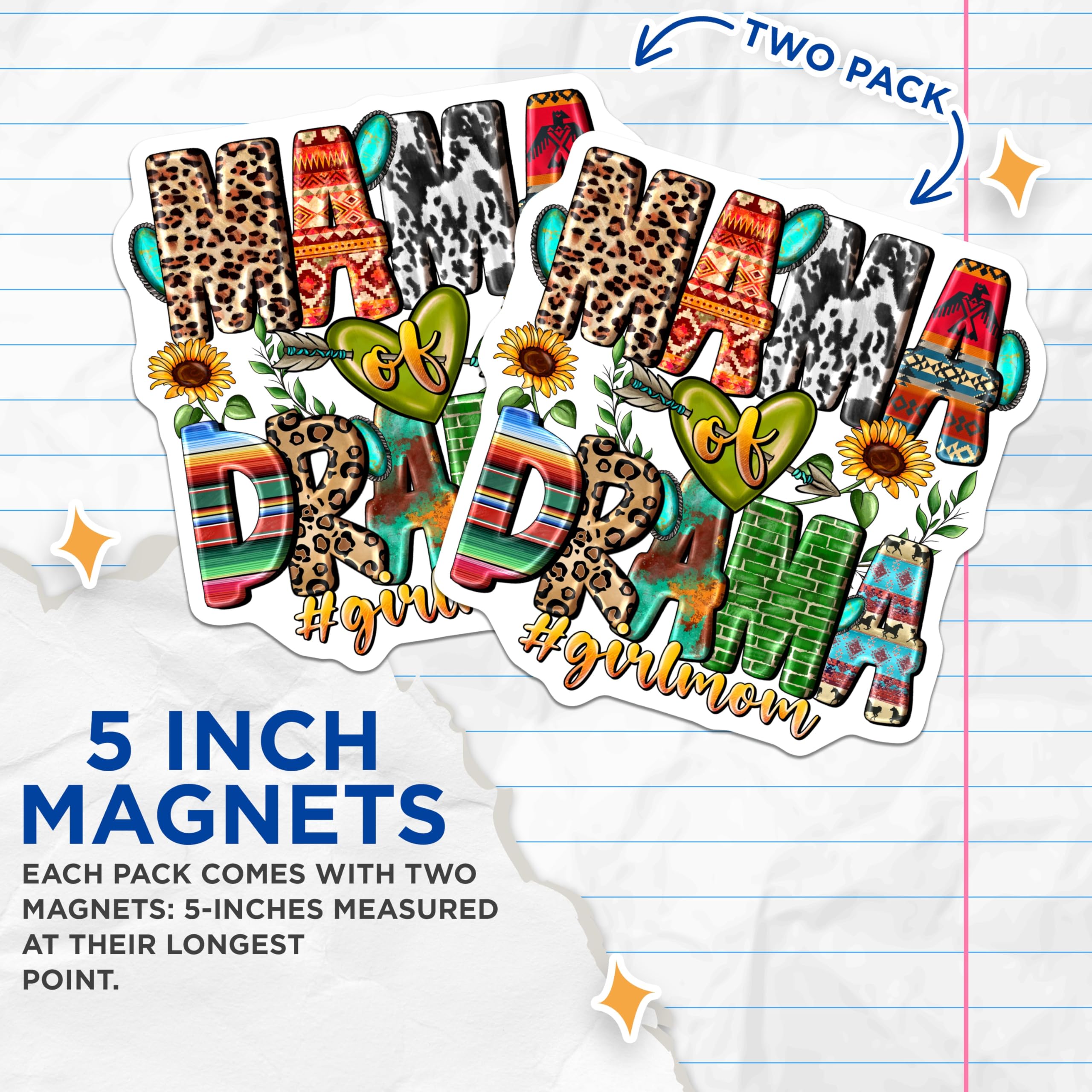(2 Pack) Mama Drama Girl Mom Magnets - Western Boho Refrigerator Decor - Southwestern Country Mom Appreciation - 5 Inches On Longest Side - Thick Durable Magnet - Made in USA - MAG30360