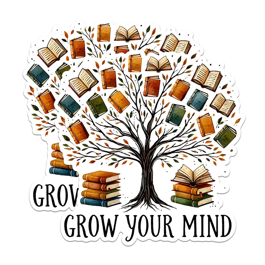 (2 Pack) Grow Your Mind Stickers - Inspirational Book Stickers - Tree of Knowledge Decals - 5" On Longest Side - Sticks to Any Smooth Flat Surface - Made in USA - BMCS2754