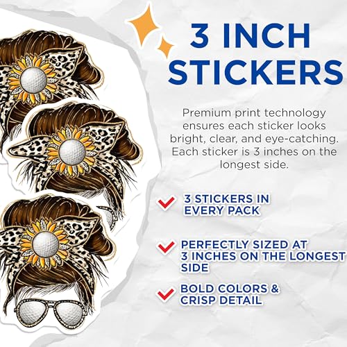 (3 Pack) Golf Mom Decals - Messy Bun Golfer - Sunflower Leopard Print Laptop Decal - 3 Inches On Longest Side - Easy Peel & Apply - Made in USA - 3MCS4969