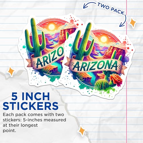 (2 Pack) Arizona Travel Stickers - Cactus Desert Art - Colorful Scenic Views - 5" On Longest Side - Sticks to Smooth Flat Surfaces - Made in USA - BMCS6487