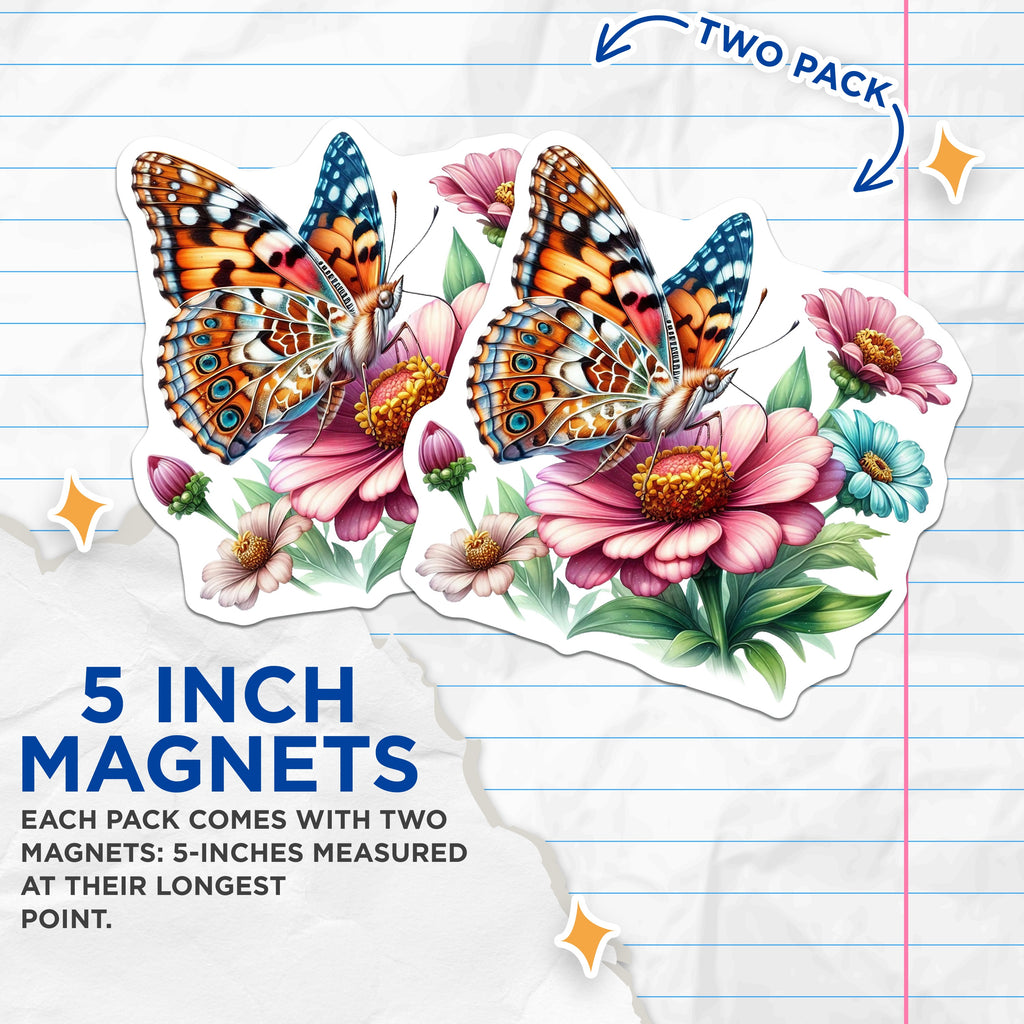 (2 Pack) Colorful Butterfly Magnets - Pink Zinnia Flower Art - Vibrant Garden Fridge Decor - Nature Aesthetic - 5 Inches On Longest Side - Thick Durable Magnet - Made in USA - MAG39452