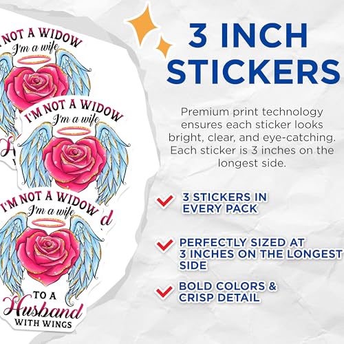 (3 Pack) Husband with Wings Decals - Wife Angel Wings - Memorial Rose Laptop Decal - 3 Inches On Longest Side - Easy Peel & Apply - Made in USA - 3MCS4877