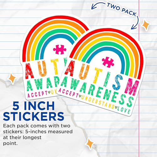 (2 Pack) Autism Awareness Stickers - Rainbow Sticker - Love and Understanding Decal - Colorful Puzzle Piece Design - 5" On Longest Side - Sticks to Smooth Flat Surfaces - Made in USA - BMCS3815