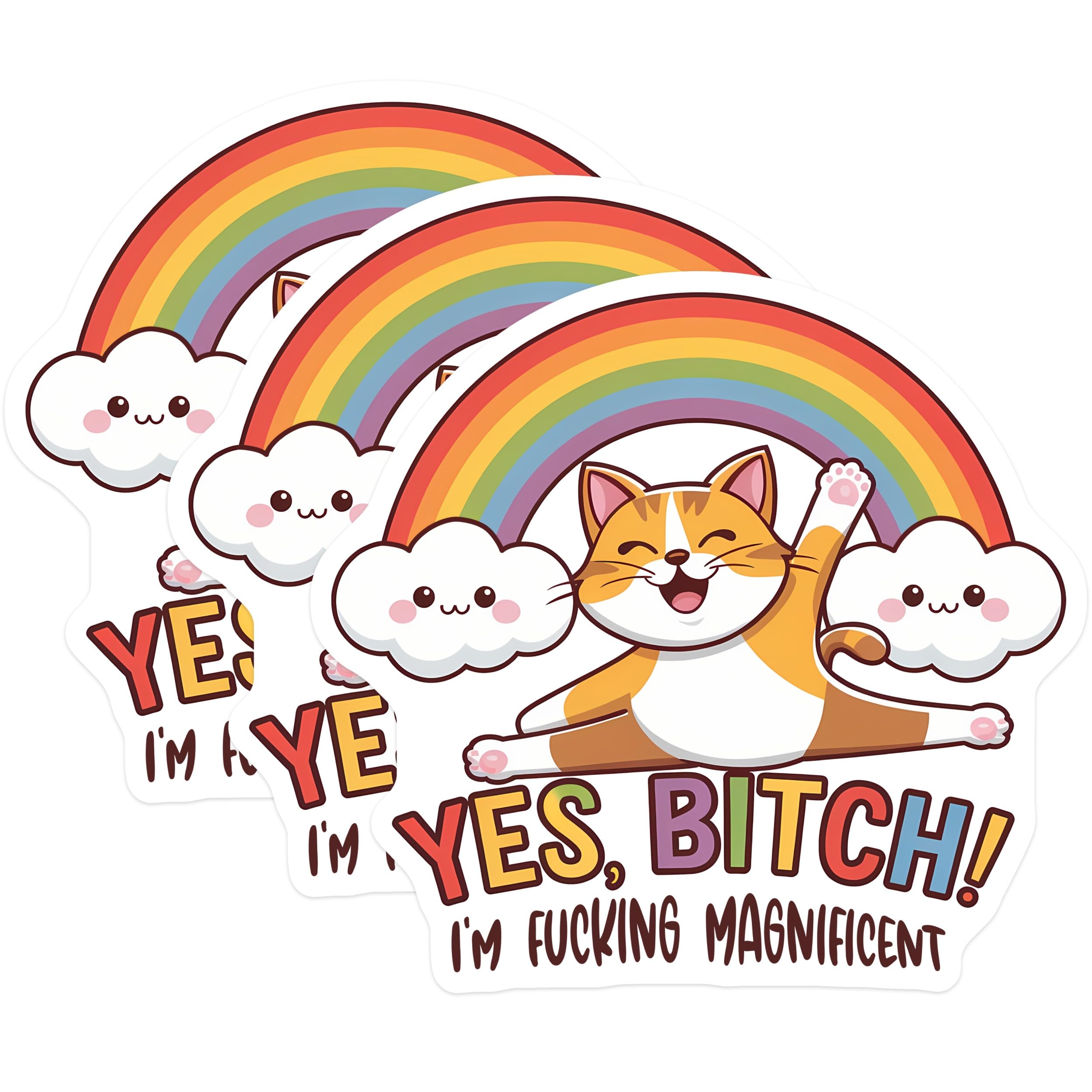 (3 Pack) Cat Rainbow Decals - Funny Cat Decal - Laptop Decal - 3 Inches On Longest Side - Easy Peel & Apply - Made in USA - 3MCS2086