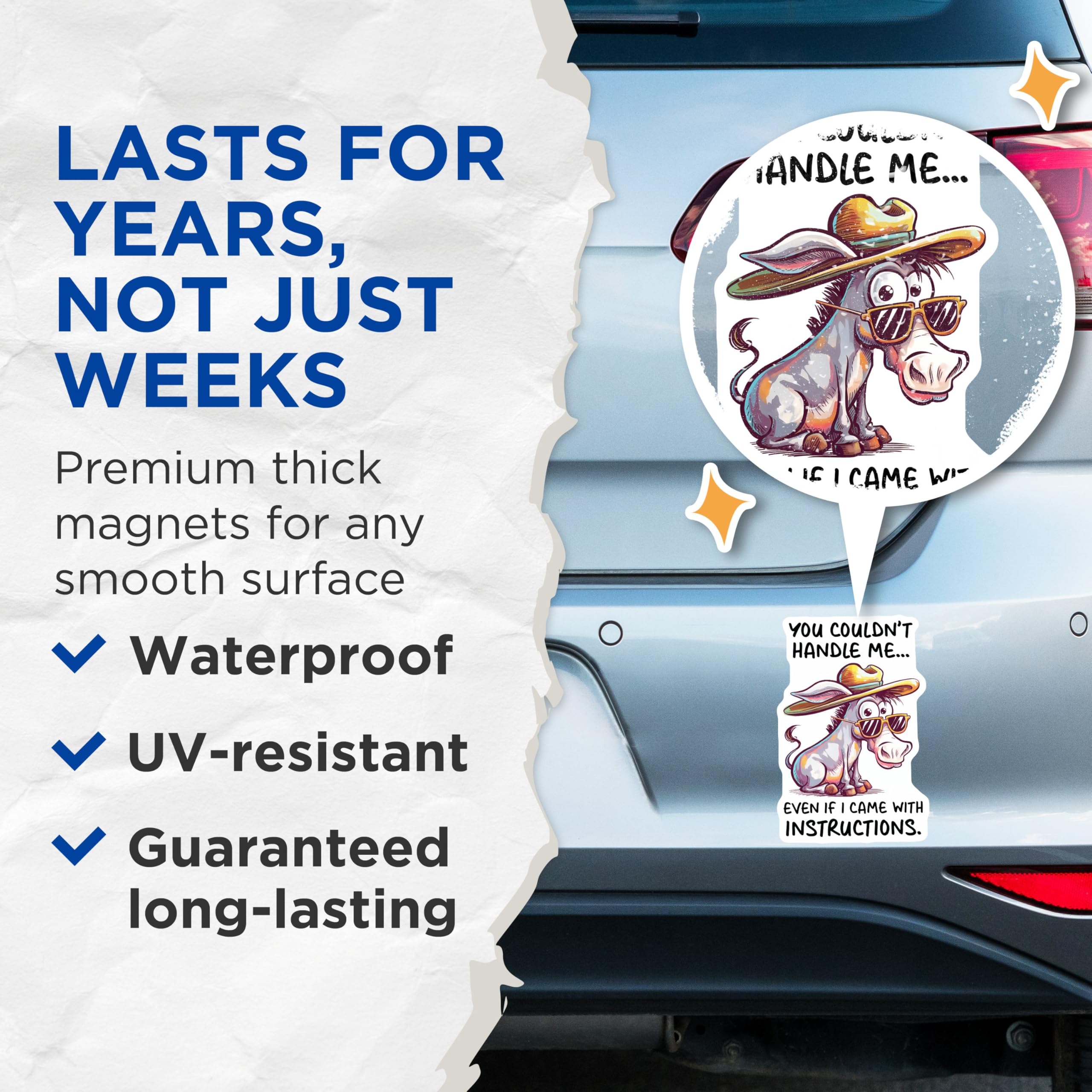 (2 Pack) Funny Donkey Magnets - You Couldn't Handle Me Magnets - Humorous Donkey Quotes Magnets - 5" On Longest Side - for Cars, Refrigerators, Toolboxes, Lockers - Made in USA BMCS3329