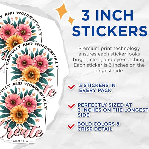 (3 Pack) Fearfully and Wonderfully Decals - Psalm 13 14 - Floral Decals - 3 Inches On Longest Side - Easy Peel & Apply - Made in USA - 3MCS1621
