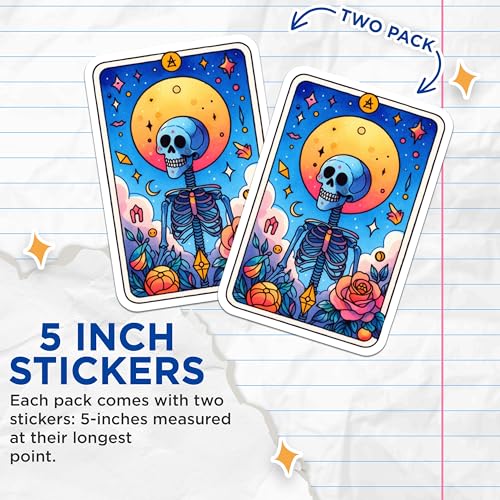 (2 Pack) Skeleton Moon Stars Stickers - Celestial Art - Colorful Skeleton Art Stickers - 5" On Longest Side - Sticks to Smooth Flat Surfaces - Made in USA - BMCS9399