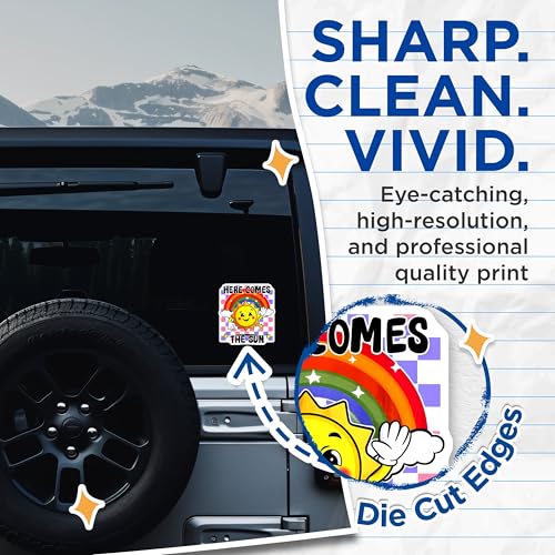 (2 Pack) Here Comes The Sun Stickers - Positive Vibes - Colorful Rainbow Sun - 5" On Longest Side - Sticks to Smooth Flat Surfaces - Made in USA - BMCS8832